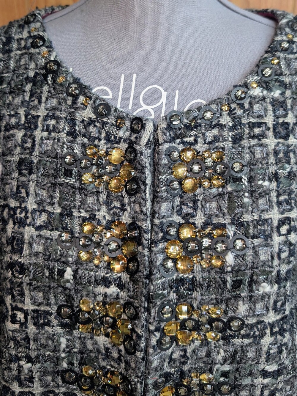 Boden Limited Edition Gray Wool Tweed Embellished Crystal Lady Jacket Size 14 - Picture 3 of 11